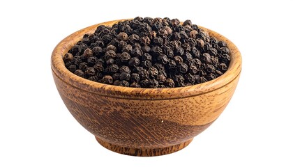 A wooden bowl brimming with dark peppercorns