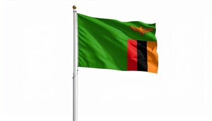 Zambia's vibrant national flag waving proudly against a clean white backdrop, symbolizing patriotism, independence, and cultural identity of the African nation