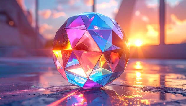 Colorful gemstone sphere at sunset