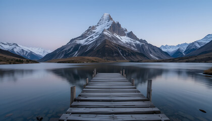 Serene Pier and Majestic Mountain: A wooden pier extends into a tranquil lake, mirroring the snow-capped peaks of a colossal mountain range.