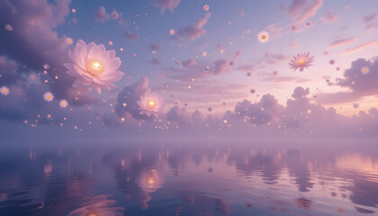 Floating Lotus and Sky Reflection: A serene spectacle of fantasy blooms, with luminous lotus flowers floating among fluffy clouds, their glow mirrored by the calm waters below.