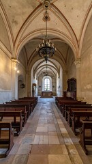 Long, arched chapel interior with pews and altar