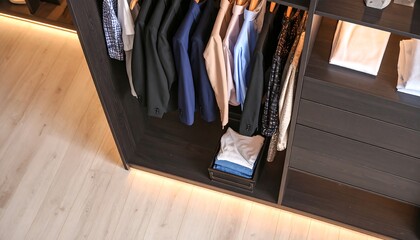 Organized walk-in closet with clothes