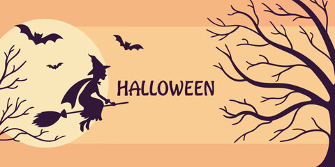 Halloween horizontal banner with vector logo. The inscription with ominous tree branches, bats and a pretty witch on a background of the full moon.