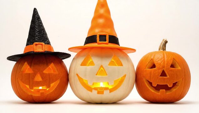 Three carved pumpkins with different faces and hats on a white background