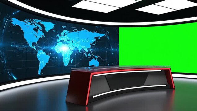Modern TV studio news desk with green screen and world map background
