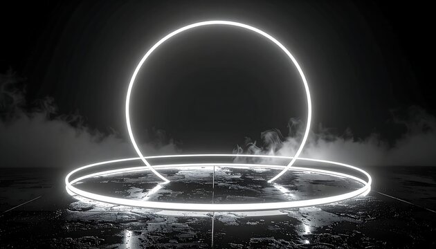 Abstract neon rings on dark platform