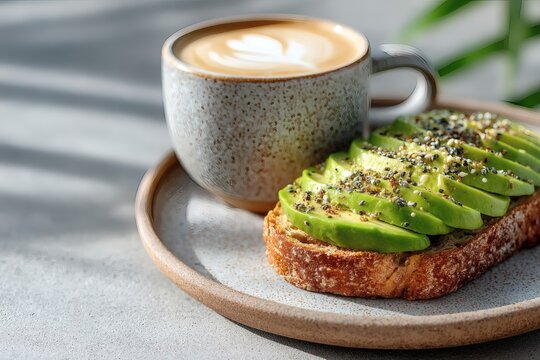 Delicious Avocado Toast with Coffee Cafe Setting Food Photography Bright Ambiance Close-up View - Powered by Adobe