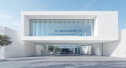Fototapeta premium Modern White Building Exterior, Minimalist Architecture, Glass Facade, Contemporary Design, Clean Lines, Sunlight, Daytime Shot