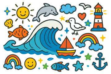 Playful Ocean Doodles. Colorful Hand-drawn doodle Children illustration Massive Ocean Waves [giant wave, fish, boat, dolphin,