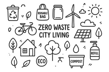 Zero Waste Icons. Hand-drawn doodle illustration Zero waste city living [recycle bin, reusable bag, glass jar, bicycle, solar