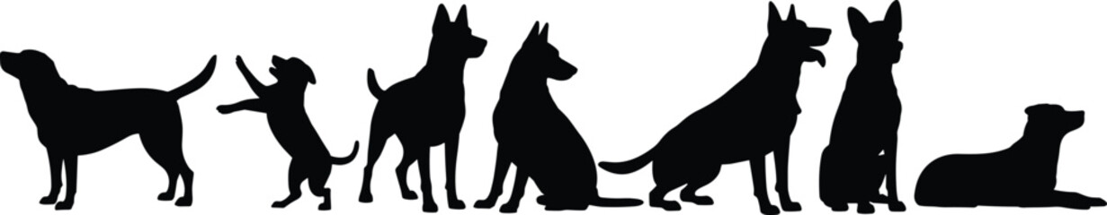 Silhouette of multiple dog poses, pet animal vector illustration, domestic canine shapes, black dog shadows collection, playful puppy outlines, sitting standing lying dogs