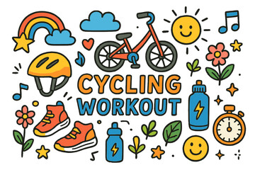Fototapeta premium Playful Cycling Doodles. Colorful Hand-drawn doodle Children illustration Cycling Workout [bicycle, helmet, sneakers, water bottle