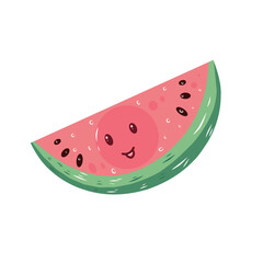 Smiling Watermelon Slice, Cartoon Fruit Character, Pink and Green.