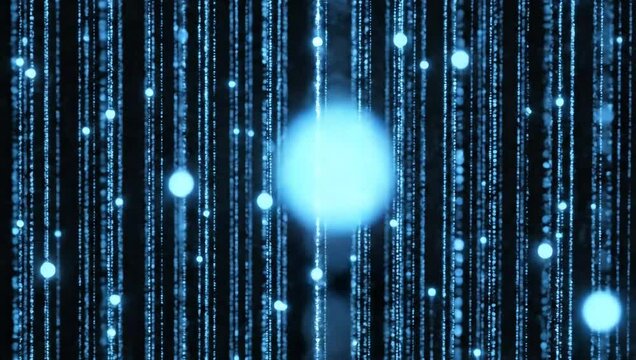 Digital matrix background with glowing blue lines and dots in a futuristic tech environment.