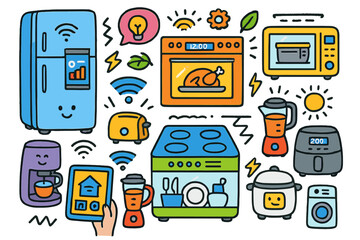 Smart Home Appliances. Smart Appliances. Colorful Hand-drawn doodle Children illustration smart fridge, smart oven, smart
