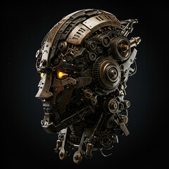 In the heart of a steampunk dream a mechanical marvel stares ahead with piercing golden eyes in high resolution on a