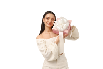 Joyful woman with a wrapped gift, isolated on white, PNG