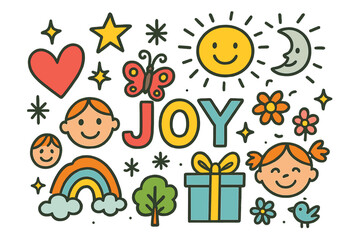 Whimsical Holiday Doodles. Colorful Hand-drawn doodle Children illustration Holiday Card Joy greeting card, heart, star, rainbow,
