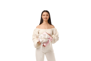 Woman in light clothing warmly gifts, isolated on white, PNG