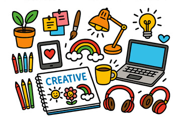 Vibrant Workspace Icons. Creative Workspace. Colorful Hand-drawn doodle Children illustration desk, colorful pens, sketchbook,