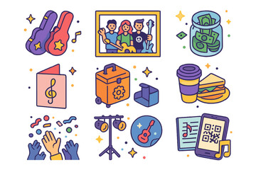 Fototapeta premium Post-Wedding Band Icons. Colorful isometric vector icons set of post-wedding band celebration: instrument cases, band group photo,