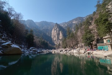 Mountain river valley, winter sun