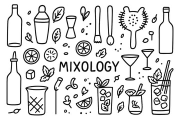 Mixology Doodle Icons. Mixology. Hand-drawn doodle illustration mixology cocktail shaker, jigger, muddler, bar spoon, strainer,