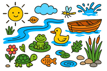 Whimsical Riverbank Scene. Colorful Hand-drawn doodle Children illustration Riverbank Scene duck, frog, lily pad, fish, reeds,