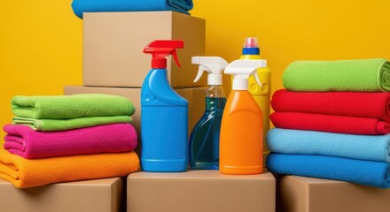 Cleaning supplies and colorful folded towels stacked on cardboard boxes against a bright yellow background, ready for moving or storage