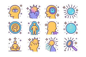Awareness Icon Set. Colorful isometric vector icons set of awakening awareness: third eye open, starlit realization, time-stop