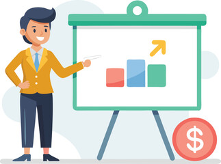 Businessman delivering a presentation at a whiteboard, illustrating concepts with charts and diagrams for clarity.