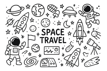 Obraz premium Space Travel Doodles. Space travel. Hand-drawn doodle illustration space travel rockets, planets, stars, satellites, astronauts,