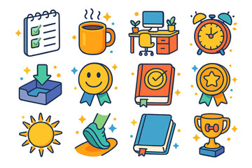 Daily Wins Icon Set. Colorful isometric vector icons set of daily wins: to-do list complete, coffee mug cheer, tidy desk, alarm