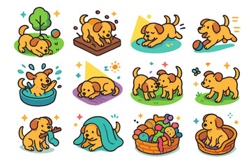 Puppy Play Icons. Colorful isometric vector icons set of Puppy playtime scenes: puppy at park, digging in garden, running after