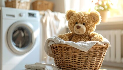 Teddy bear in laundry basket