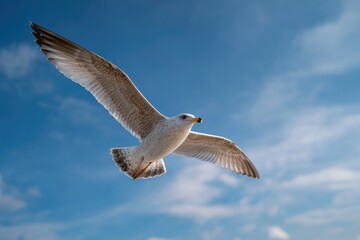Fototapeta premium A seagull soars through a vibrant blue sky
