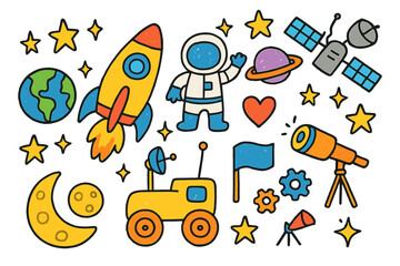 Interplanetary Adventure Doodle. Interplanetary travel. Colorful Hand-drawn doodle Children illustration rocket, moon rover,