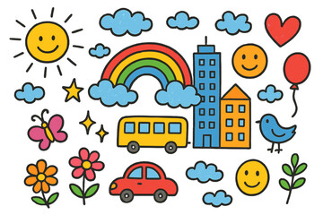 Naklejka premium Joyful City Doodle. Colorful Hand-drawn doodle Children illustration Street Billboard advertising sign, city buildings, car, bus,