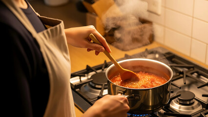 A person wearing an apron stirs a simmering, steaming pot of red sauce with a wooden spoon on a kitchen gas stove.