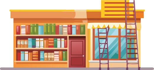 An inviting bookstore interior with extensive bookshelves and a ladder for accessing upper shelves.
