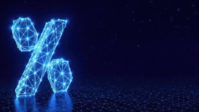 Stunning digital percentage symbol glows with vibrant blue light against a dark futuristic network background, representing finance and technology