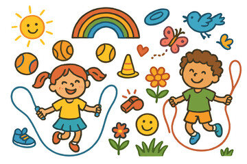 Playful Fitness Doodle. Colorful Hand-drawn doodle Children illustration playful fitness jumping rope, skipping kids, ball,