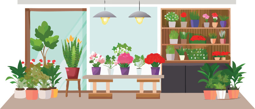 A flower shop's interior showcasing vibrant potted plants and organized shelves displaying floral arrangements and supplies.