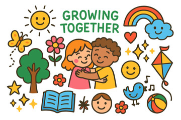 Growing Together Doodle. Colorful Hand-drawn doodle Children illustration Growing Together tree, flower, butterfly, rainbow, sun,