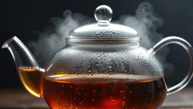 Steaming glass teapot filled with amber liquid, creating a cozy and comforting atmosphere for relaxation and warmth