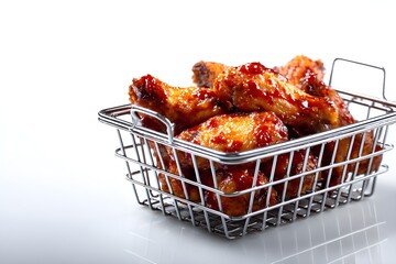 Indulge in crispy perfection: Golden chicken wings, glazed deliciously, served in a rustic metal basket, a true delight.