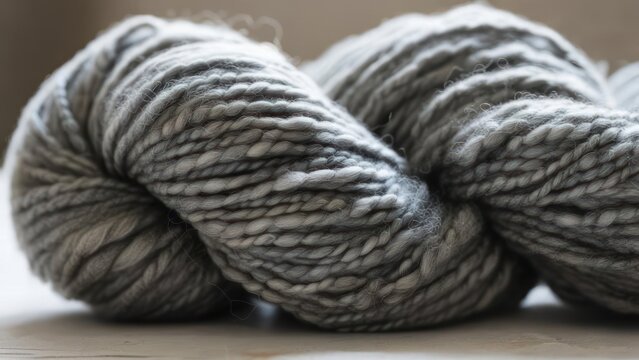 Luxurious chunky grey yarn skein evokes cozy warmth and creative crafting projects, perfect for knitters and textile designers.