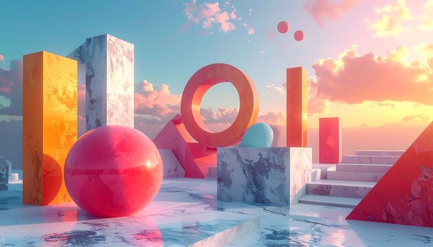 Colorful geometric shapes in a surreal landscape