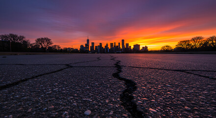 An inspiring urban sunset painting the city skyline with vibrant hues symbolizing hope and resilience in a modern